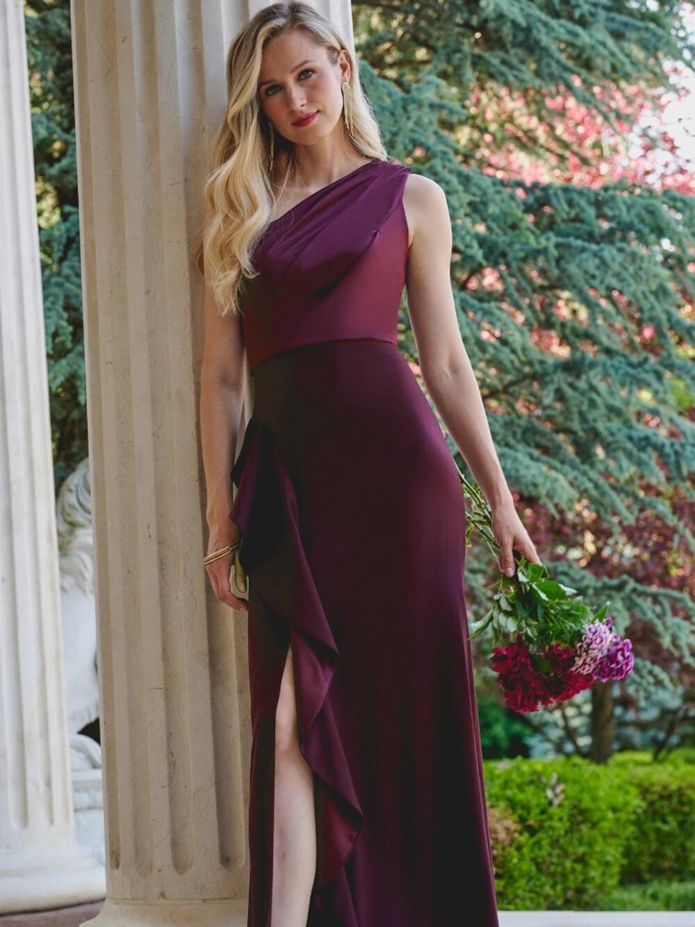 Adrianna Papell One-Shoulder Long Satin Crepe Mermaid Gown Size 12